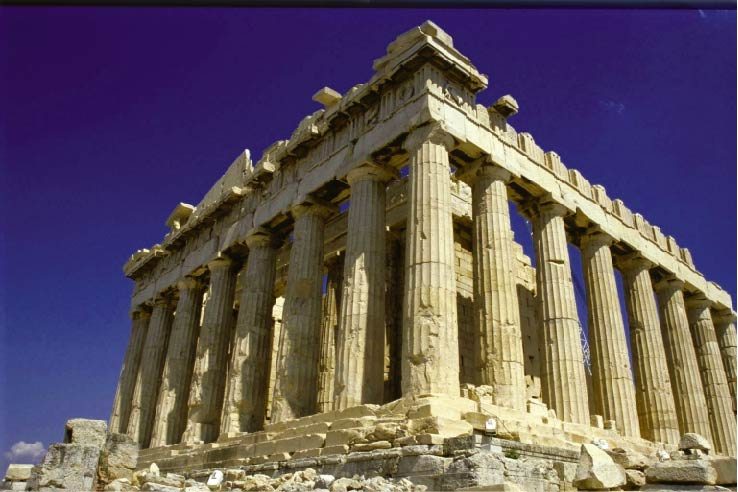 the Parthenon stands surrounded by Doric columns.